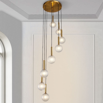Globe Cluster Pendant Contemporary White/Clear Prismatic Glass 8/9 Bulbs Stair Hanging Light Fixture