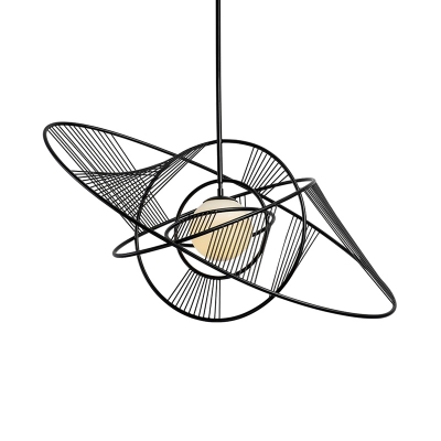 Iron Encircled Down Lighting Modern Art Deco 1 Head Ceiling Hang Fixture in Black with Ball Frosted White Glass Shade