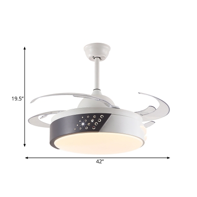 LED Ceiling Fan Light Fixture Modernism Drum Metal 4 Blades Semi Flush Lamp in White and Black, 42