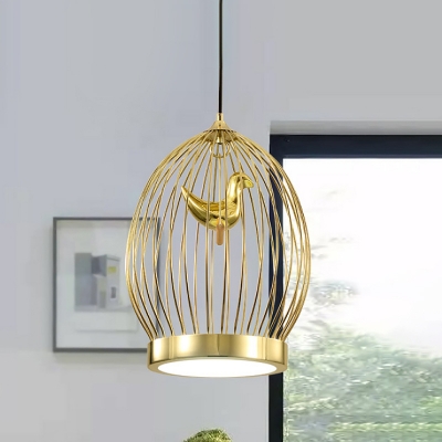 Metal Globe Cage Hanging Lighting Modern 1-bulb Gold Finish Ceiling Pendant Lamp with Bird Deco