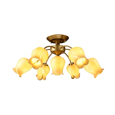 Metal White/Yellow/Purple Ceiling Flush Lily/Tulip 7 Heads American Garden LED Semi Mount Lighting for Dining Room