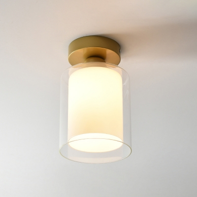 Minimalist 1 Head Flush Lamp with Clear and Inner White Glass Shade Brass Cylinder Flush Mounted Light