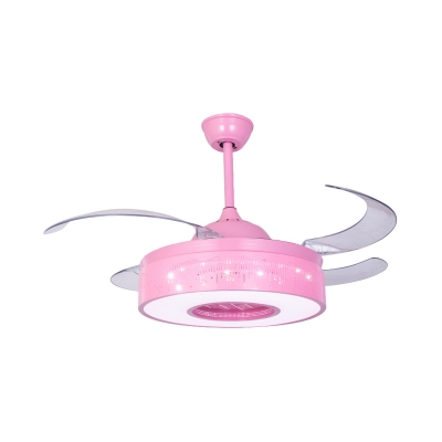 Modernist Ring Hanging Fan Lamp Metal Living Room LED 4-Blade Semi Flush Mount Light in Pink/Blue with Wall/Remote Control, 36