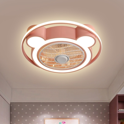 Pink/Blue LED Ceiling Fan Light Kids Acrylic Bear Head Semi Flush Mounted Lamp for Bedroom with Ring, 21.5