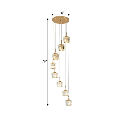 Round Clear Crystal Cluster Pendant Contemporary 8 Bulbs Gold Hanging Ceiling Light for Stair
