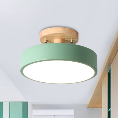 Round Metal Semi Flushmount Modern Nordic White/Green/Grey Finsih LED Flush Mount Ceiling Light with Wood Canopy