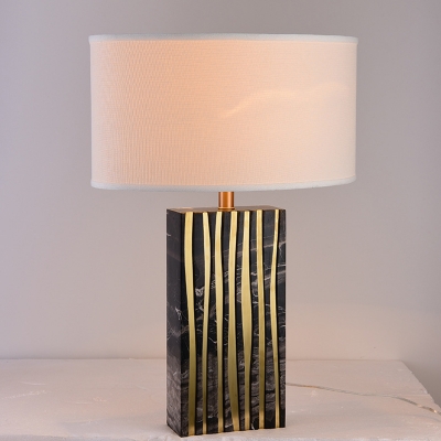 Shaded Desk Lamp Modern Fabric 1 Bulb Table Light in White with Black Rectangle Marble Base