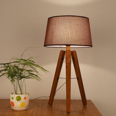 Tapered Drum Nightstand Lamp Contemporary Fabric 1 Head Reading Book Light in Wood/Brown