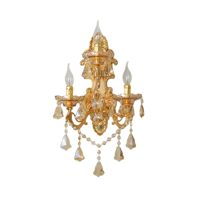 Tapered Shade Restaurant Wall Light with Crystal Metal Three Lights European Style Sconce in Gold