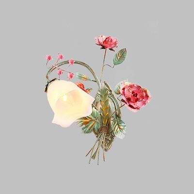 Traditionalism Floral Wall Mount Lamp 1 Head Milky Glass Wall Sconce in Blue for Bedroom, Left/Right
