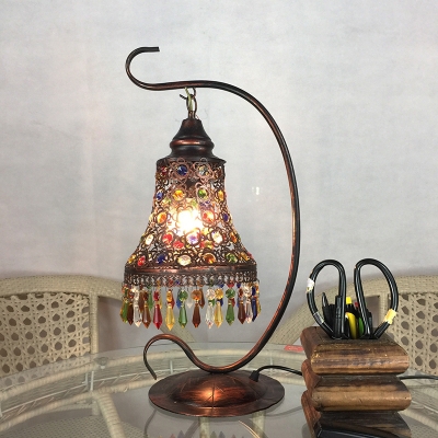 Vintage Trumpet Task Lighting Metal 1 Bulb Small Desk Lamp in Rust with Crystal Teardrop