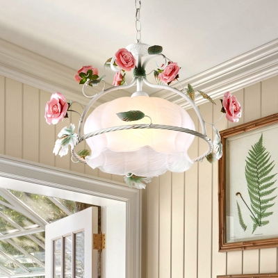 White Glass Floral Ceiling Lamp Traditional 1 Head Dining Room Suspension Pendant Light