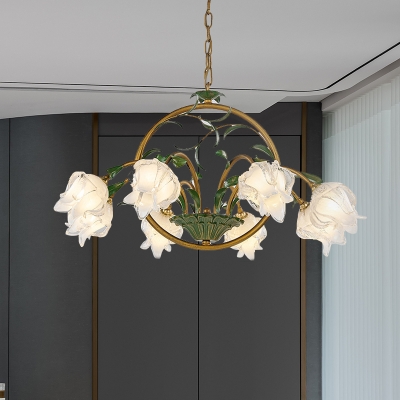 White Glass Flower Ceiling Chandelier American Garden 6/8/10 Bulbs Dining Room LED Hanging Pendant in Brass