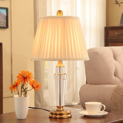 1 Head Bedroom Desk Light Modern Beige Nightstand Lamp with Pleated Fabric Shade