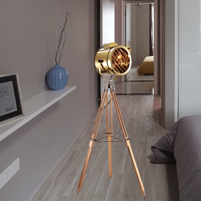 1 Head Cylindrical Floor Spotlight Art Deco Gold Metallic Standing Lamp with Black/Wood Tripod