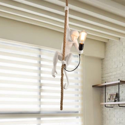 1 Light Monkey Hanging Light Fixture Antiqued White/Gold Resin Ceiling Pendant Lamp with Rope Cord
