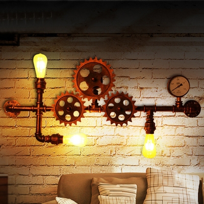 3-Light Gear Wall Sconce Light Vintage Rust Iron Wall-Mounted Lamp with Gauge Deco