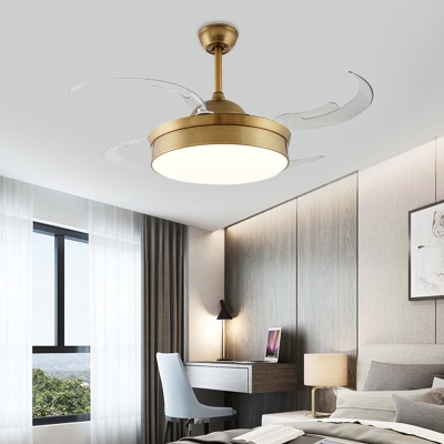 4 Blades Modern Drum Semi Flushmount LED Acrylic Hanging Fan Light in Brass for Living Room, 48