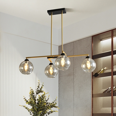4 Heads Dining Room Chandelier Modernism Brass Finish Linear Pendant with Ball Clear Glass Shade