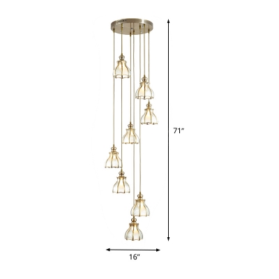 8 Heads Stair Cluster Pendant Light Colonial Gold Ceiling Hang Fixture with Scalloped Frosted Glass Shade