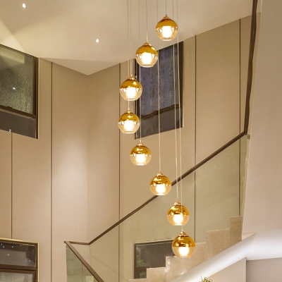 Ball Multi Light Pendant Modernism Amber Glass 8 Bulbs Gold Led Ceiling Lamp For Stair Beautifulhalo Com - Led Ceiling Ball Lights