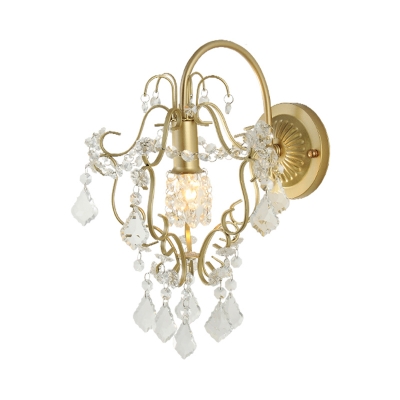 Bedroom Cafe Twist Shade Wall Light Metal 1 Head Elegant Style Gold Sconce Light with Clear Crystal