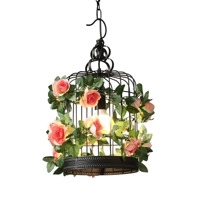 Birdcage Restaurant Suspension Lamp Industrial Metal 1 Bulb Black LED Pendant Light with Flower Decor