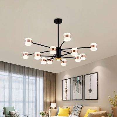 Black 2-Layer Radial Hanging Lighting Modernist 12 Bulbs Iron Chandelier Lamp with Drum Acrylic Shade