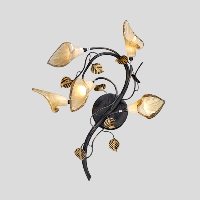 Black 5 Lights Wall Lamp Pastoral Metal Curving Wall Mount Light with Frosted Glass Shade for Living Room