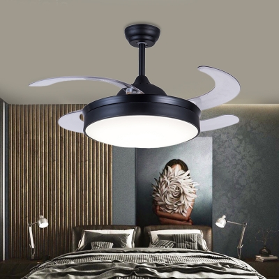 Black LED Ceiling Fan Light Modernist Metallic Round 4-Blade Semi Flush Lamp with Wall/Remote Control, 42