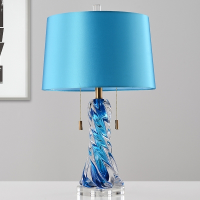 Blue Flared Desk Light Modernism 2 Bulbs Fabric Night Table Lamp with Pull Chain