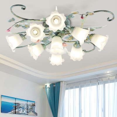 Blue Flower Semi Flush Mount Country Metal 4/5/9 Bulbs Living Room Close to Ceiling Lamp