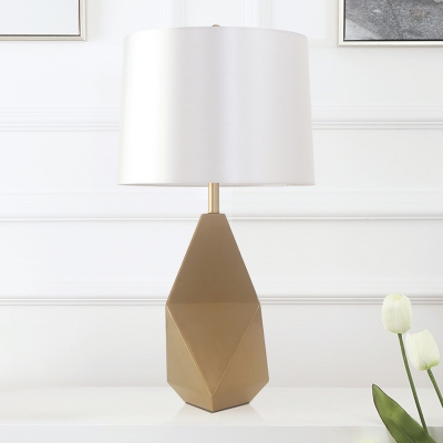 Cylinder Nightstand Lamp Modern Fabric 1 Head Reading Book Light in White with Gold Geometric Metal Base
