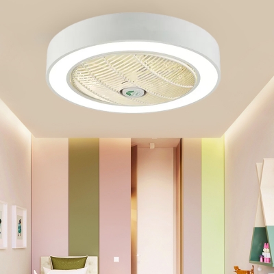 Drum Living Room Semi Flush Light Fixture Modern Acrylic White/Black Finish LED Ceiling Fan Lamp with 6 Blades, 23.5