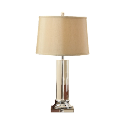 Fabric Drum Desk Light Modern 1 Head White Reading Lamp with Cylindrical Clear Crystal Base