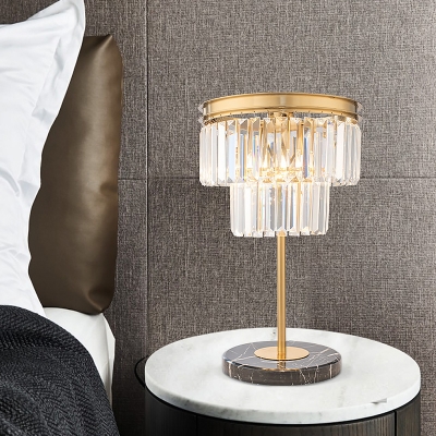 Gold Cylinder Reading Light Modern 3 Bulbs Beveled Crystal Nightstand Lamp for Bedroom