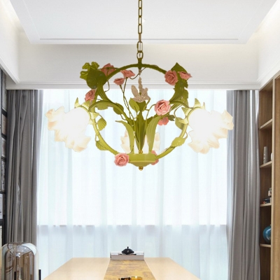 Green 3/6 Bulbs Chandelier Light Pastoral Metal Round LED Pendant Lighting with Rose Decor for Dining Room