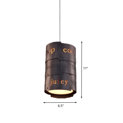 Iron Panel Cylindrical Pendant Antiqued 1 Head Bar Hanging Ceiling Light in Black with Lettering Design