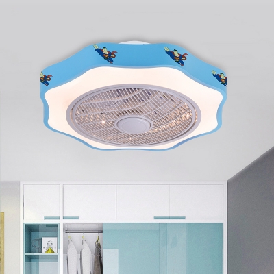 LED Floral Ceiling Fan Lighting Kids White/Blue/Pink Finish Acrylic Semi Flush Mount Lamp for Bedroom, 19.5