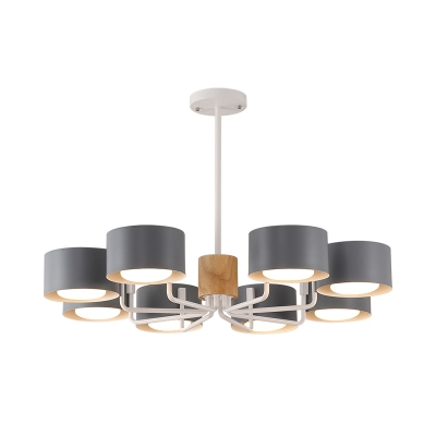 Macaron 8 Heads Ceiling Chandelier with Iron Shade Grey/Green/White Drum Suspended Pendant Light with Radial Design