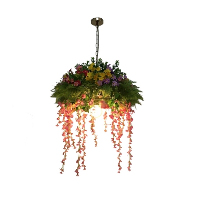 Metal Bare Bulb Drop Lamp Vintage 1 Light Restaurant LED Pendant Lighting in Green with Flower Decoration