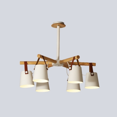 Metal Barrel Down Lighting Nordic Style 6-Head Chandelier Pendant Lamp in White with Leather Strap