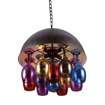 Metal Black Chandelier Pendant Lamp Dome 4 Bulbs Art Deco Hanging Light with Colorful Wine Cup Deco