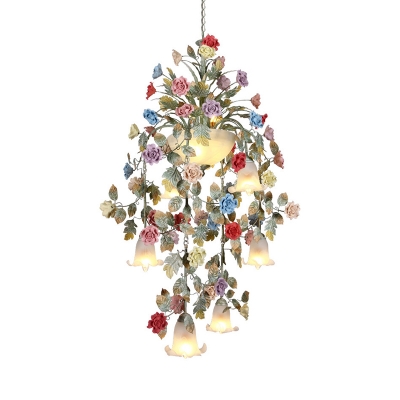 Metal Green Pendant Chandelier Flower 7/10 Heads Traditionalist LED Suspension Light for Stair