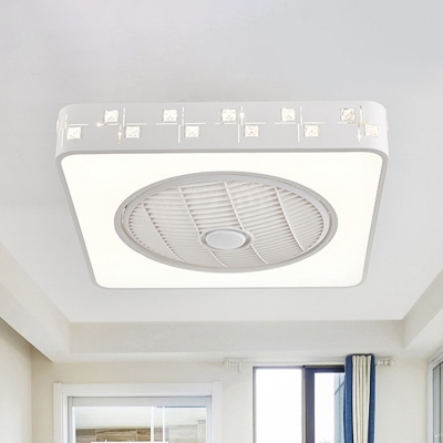Metal White Pendant Fan Light Square LED Simple Semi Flush Mount Lighting Fixture with 3 Blades for Living Room, 21.5