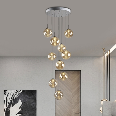 Minimalist Spherical Cluster Pendant Amber Glass 10 Bulbs Stair Suspension Lighting Fixture