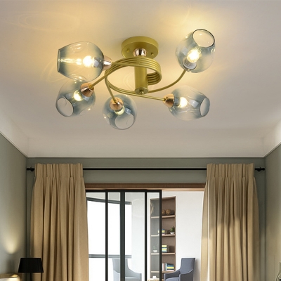 Modern Cup Shape Ceiling Mount Fixture Gradual Blue Dimpled Glass 5-Light Bedroom Semi Flush with Spiral Design