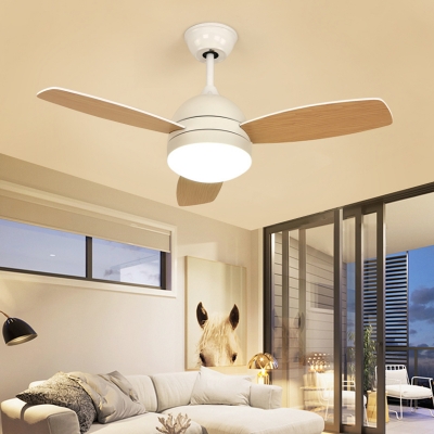 Modern Dome Semi Flush Lighting LED Metallic Ceiling Fan Lamp in Black/White with 3 Wood Blades, 42