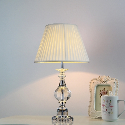 Modern Urn-Shaped Fabric Desk Light Clear Crystal 1 Head Night Table Lamp in White
