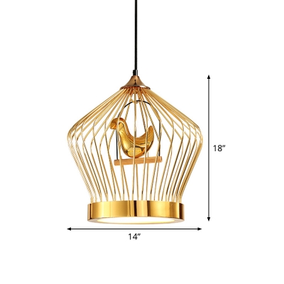 Nordic Crown Cage Pendant Lighting Iron 1 Light Dining Room Hanging Lamp Kit in Gold with Bird Deco
